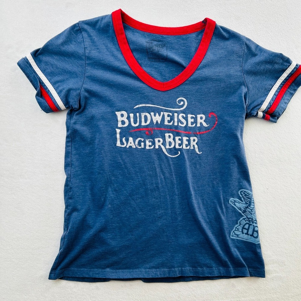Budweiser Shirt Youth Medium Blue Red Beer Outdoors Bar Brewery Unisex Girls